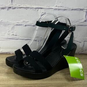 Crocs Leigh Wedge Black Sandals Women's Size 10 Ankle Strap Comfort NEW